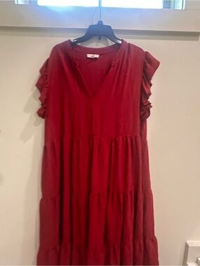 entro dark Red Tiered V-Neck Midi Dress with Ruffle Sleeves